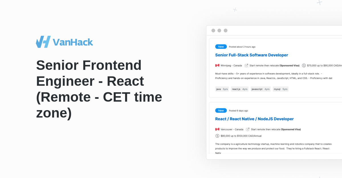 Senior Frontend Engineer React (Remote CET time zone) VanHack